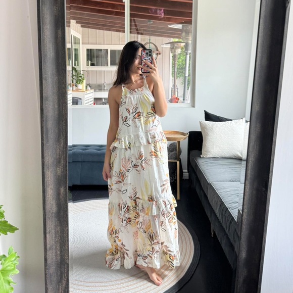 Free People Yellow Leaf Watercolor Cotton Gauze Anita Tiered Maxi Halter Size S - Picture 15 of 15